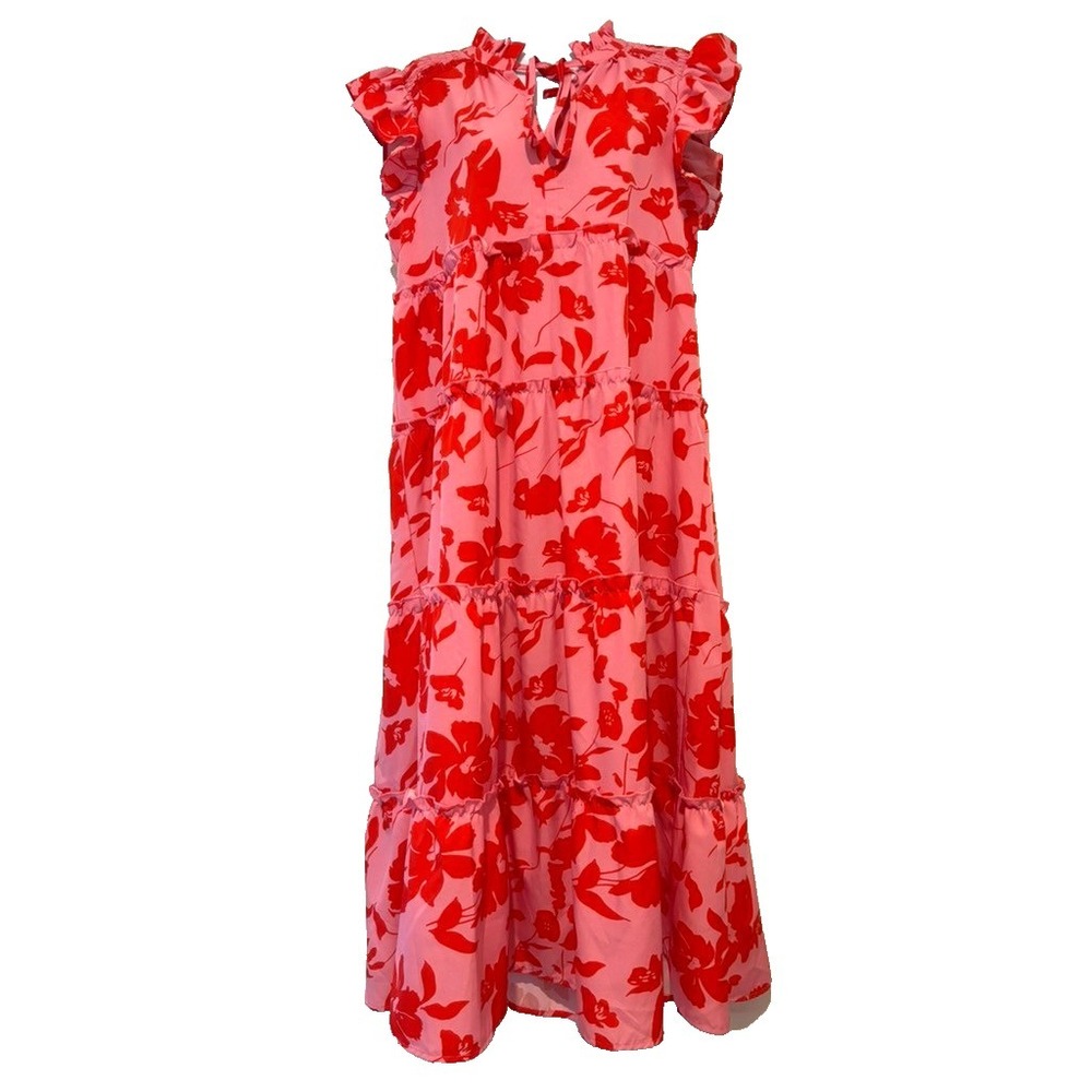 Umgee oversized S boho pink floral short sleeve maxi dress ruffle cap sleeve EE